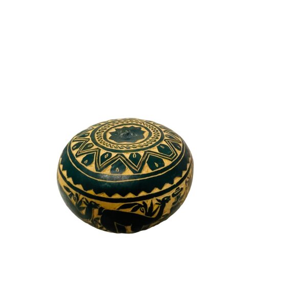 Handcrafted Decorative Gourd Bowl With Intricate Patterns 4 1/3" Green Beige - Picture 4 of 7